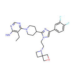 CCc1c(N)ncnc1N1CCC(c2nc(-c3ccc(F)c(F)c3)cn2CCN2CCC23COC3)CC1 ZINC000219779192