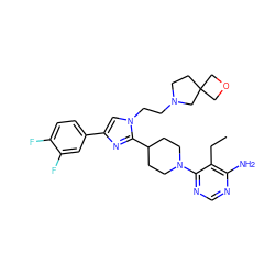 CCc1c(N)ncnc1N1CCC(c2nc(-c3ccc(F)c(F)c3)cn2CCN2CCC3(COC3)C2)CC1 ZINC000219737616