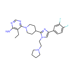 CCc1c(N)ncnc1N1CCC(c2nc(-c3ccc(F)c(F)c3)cn2CCN2CCCC2)CC1 ZINC000219738505