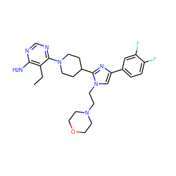 CCc1c(N)ncnc1N1CCC(c2nc(-c3ccc(F)c(F)c3)cn2CCN2CCOCC2)CC1 ZINC000218678787