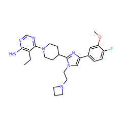 CCc1c(N)ncnc1N1CCC(c2nc(-c3ccc(F)c(OC)c3)cn2CCN2CCC2)CC1 ZINC000218706765