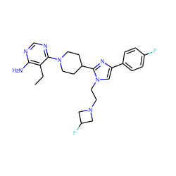 CCc1c(N)ncnc1N1CCC(c2nc(-c3ccc(F)cc3)cn2CCN2CC(F)C2)CC1 ZINC000219775448