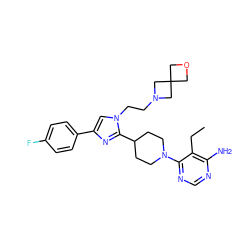 CCc1c(N)ncnc1N1CCC(c2nc(-c3ccc(F)cc3)cn2CCN2CC3(COC3)C2)CC1 ZINC001772615081