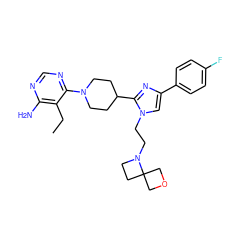 CCc1c(N)ncnc1N1CCC(c2nc(-c3ccc(F)cc3)cn2CCN2CCC23COC3)CC1 ZINC000219779307