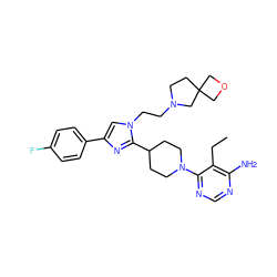 CCc1c(N)ncnc1N1CCC(c2nc(-c3ccc(F)cc3)cn2CCN2CCC3(COC3)C2)CC1 ZINC001772611377