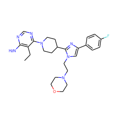 CCc1c(N)ncnc1N1CCC(c2nc(-c3ccc(F)cc3)cn2CCN2CCOCC2)CC1 ZINC001772581533