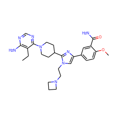 CCc1c(N)ncnc1N1CCC(c2nc(-c3ccc(OC)c(C(N)=O)c3)cn2CCN2CCC2)CC1 ZINC000218679402