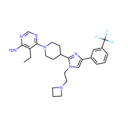 CCc1c(N)ncnc1N1CCC(c2nc(-c3cccc(C(F)(F)F)c3)cn2CCN2CCC2)CC1 ZINC001772638957