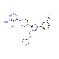 CCc1c(N)ncnc1N1CCC(c2nc(-c3cccc(C(F)(F)F)c3)cn2CCN2CCCC2)CC1 ZINC000219782197