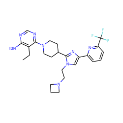 CCc1c(N)ncnc1N1CCC(c2nc(-c3cccc(C(F)(F)F)n3)cn2CCN2CCC2)CC1 ZINC000219774785