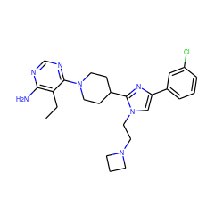 CCc1c(N)ncnc1N1CCC(c2nc(-c3cccc(Cl)c3)cn2CCN2CCC2)CC1 ZINC001772597167