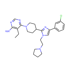 CCc1c(N)ncnc1N1CCC(c2nc(-c3cccc(Cl)c3)cn2CCN2CCCC2)CC1 ZINC000219749938