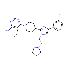 CCc1c(N)ncnc1N1CCC(c2nc(-c3cccc(F)c3)cn2CCN2CCCC2)CC1 ZINC000219775660