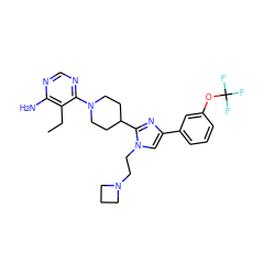 CCc1c(N)ncnc1N1CCC(c2nc(-c3cccc(OC(F)(F)F)c3)cn2CCN2CCC2)CC1 ZINC000219736931