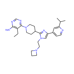 CCc1c(N)ncnc1N1CCC(c2nc(-c3ccnc(C(C)C)c3)cn2CCN2CCC2)CC1 ZINC001772605867