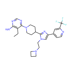 CCc1c(N)ncnc1N1CCC(c2nc(-c3ccnc(C(F)(F)F)c3)cn2CCN2CCC2)CC1 ZINC000219731538