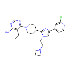 CCc1c(N)ncnc1N1CCC(c2nc(-c3ccnc(Cl)c3)cn2CCN2CCC2)CC1 ZINC000218726570