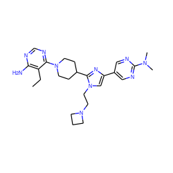 CCc1c(N)ncnc1N1CCC(c2nc(-c3cnc(N(C)C)nc3)cn2CCN2CCC2)CC1 ZINC000219118448