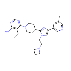 CCc1c(N)ncnc1N1CCC(c2nc(-c3cncc(C)c3)cn2CCN2CCC2)CC1 ZINC000219778687