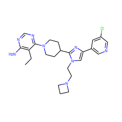 CCc1c(N)ncnc1N1CCC(c2nc(-c3cncc(Cl)c3)cn2CCN2CCC2)CC1 ZINC000219737024