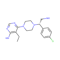 CCc1c(N)ncnc1N1CCN([C@H](CN)c2ccc(Cl)cc2)CC1 ZINC000206941369