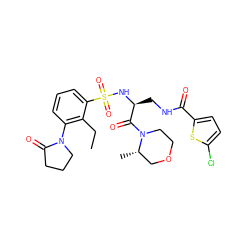 CCc1c(N2CCCC2=O)cccc1S(=O)(=O)N[C@@H](CNC(=O)c1ccc(Cl)s1)C(=O)N1CCOC[C@@H]1C ZINC000103240245