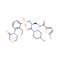 CCc1c(N2CCOCC2=O)cccc1S(=O)(=O)N[C@@H](CNC(=O)c1ccc(Cl)s1)C(=O)N1CCC(O)CC1 ZINC000103240197