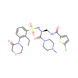 CCc1c(N2CCOCC2=O)cccc1S(=O)(=O)N[C@@H](CNC(=O)c1ccc(Cl)s1)C(=O)N1CCN(C)CC1 ZINC000103240188