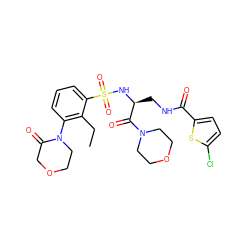 CCc1c(N2CCOCC2=O)cccc1S(=O)(=O)N[C@@H](CNC(=O)c1ccc(Cl)s1)C(=O)N1CCOCC1 ZINC000103240177