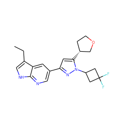 CCc1c[nH]c2ncc(-c3cc([C@@H]4CCOC4)n(C4CC(F)(F)C4)n3)cc12 ZINC000146477510