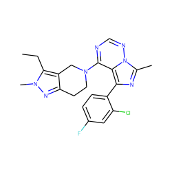 CCc1c2c(nn1C)CCN(c1ncnn3c(C)nc(-c4ccc(F)cc4Cl)c13)C2 ZINC000169711753