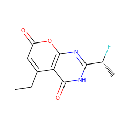 CCc1cc(=O)oc2nc([C@@H](C)F)[nH]c(=O)c12 ZINC000066080362