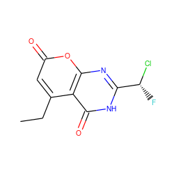 CCc1cc(=O)oc2nc([C@@H](F)Cl)[nH]c(=O)c12 ZINC000066076021