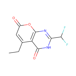 CCc1cc(=O)oc2nc(C(F)F)[nH]c(=O)c12 ZINC000066076017