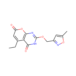 CCc1cc(=O)oc2nc(OCc3cc(C)on3)[nH]c(=O)c12 ZINC000073224800