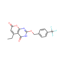 CCc1cc(=O)oc2nc(OCc3ccc(C(F)(F)F)cc3)[nH]c(=O)c12 ZINC000073196145