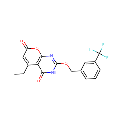 CCc1cc(=O)oc2nc(OCc3cccc(C(F)(F)F)c3)[nH]c(=O)c12 ZINC000073195806