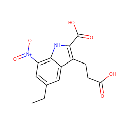 CCc1cc([N+](=O)[O-])c2[nH]c(C(=O)O)c(CCC(=O)O)c2c1 ZINC000299866385