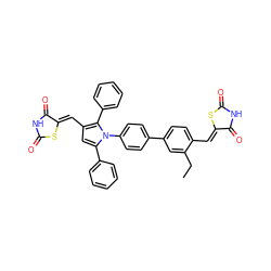 CCc1cc(-c2ccc(-n3c(-c4ccccc4)cc(/C=C4\SC(=O)NC4=O)c3-c3ccccc3)cc2)ccc1/C=C1\SC(=O)NC1=O ZINC001772632135