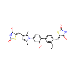 CCc1cc(-c2ccc(-n3c(C)cc(/C=C4\SC(=O)NC4=O)c3C)cc2OC)ccc1/C=C1\SC(=O)NC1=O ZINC001772577705