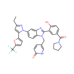 CCc1cc(-c2ccc(C(F)(F)F)o2)n(-c2ccc3c(c2)nc(-c2cc(C(=O)N4CCCC4)ccc2O)n3Cc2ccc(=O)[nH]c2)n1 ZINC000095564363