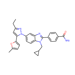 CCc1cc(-c2ccc(C)o2)n(-c2ccc3c(c2)nc(-c2ccc(C(N)=O)cc2)n3CC2CC2)n1 ZINC000095558496