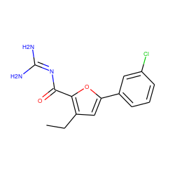 CCc1cc(-c2cccc(Cl)c2)oc1C(=O)N=C(N)N ZINC000028822480