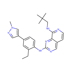 CCc1cc(-c2cnn(C)c2)ccc1Nc1ncc2ccnc(NCC(C)(C)C)c2n1 ZINC000224106665