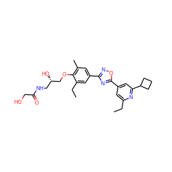 CCc1cc(-c2nc(-c3cc(C)c(OC[C@@H](O)CNC(=O)CO)c(CC)c3)no2)cc(C2CCC2)n1 ZINC000103244005