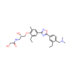 CCc1cc(-c2nc(-c3cc(C)c(OC[C@@H](O)CNC(=O)CO)c(CC)c3)no2)ccc1CN(C)C ZINC000043207555