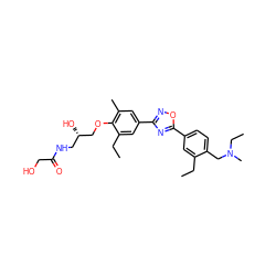 CCc1cc(-c2nc(-c3cc(C)c(OC[C@@H](O)CNC(=O)CO)c(CC)c3)no2)ccc1CN(C)CC ZINC000115397600