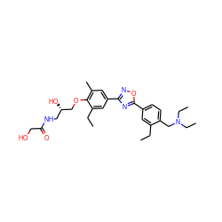 CCc1cc(-c2nc(-c3cc(C)c(OC[C@@H](O)CNC(=O)CO)c(CC)c3)no2)ccc1CN(CC)CC ZINC000653845444