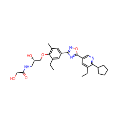 CCc1cc(-c2nc(-c3cc(C)c(OC[C@@H](O)CNC(=O)CO)c(CC)c3)no2)cnc1C1CCCC1 ZINC000103245239