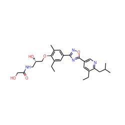 CCc1cc(-c2nc(-c3cc(C)c(OC[C@@H](O)CNC(=O)CO)c(CC)c3)no2)cnc1CC(C)C ZINC000103241765